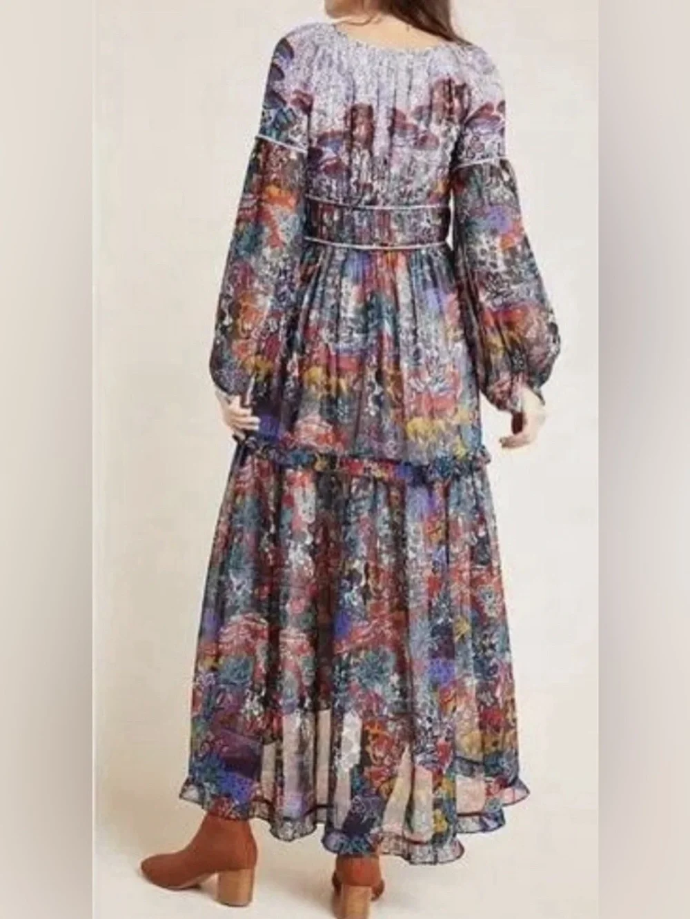 Maeve Anthropologie Annabella Maxi Dress 4 Boho Floral Long Sleeve Viscose Flowy - Picture 6 of 9